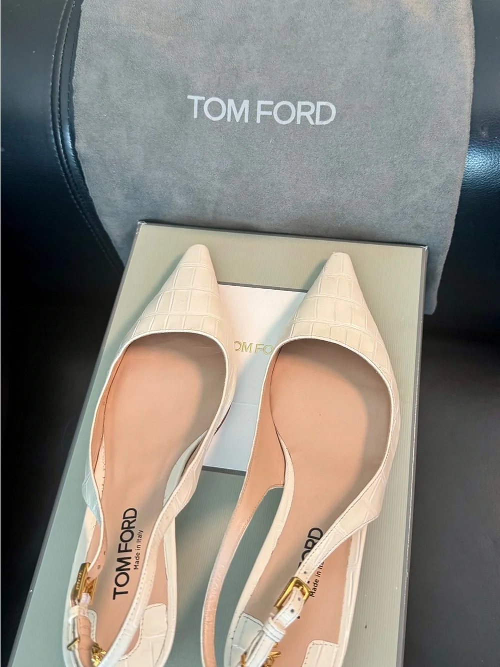 Tom Ford Cream Croc-Embossed Pointed Slingback Flats with Gold Buckle